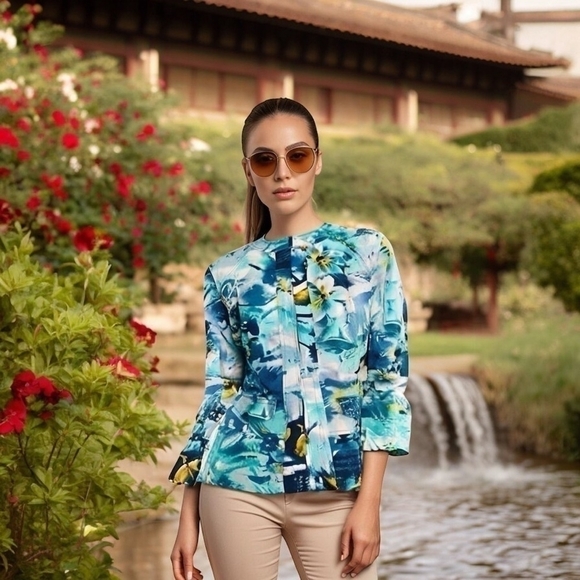 COLDWATER Floral Multicolored Zip Front Jacket Spring 3/4 Sleeve Cotton Blazer - Picture 1 of 7